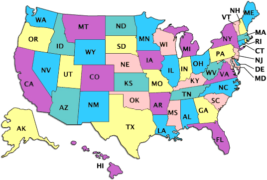 Map of the U.S.A. outlining each state