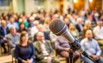 Image of a microphone on a stand with an audience of people sitting in the background